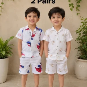 2 Pcs Boy's Cotton Lawn Printed Shirt And Shorts Set