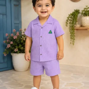 Pink 2 Pcs Boy's Cotton Lawn Printed Shirt And Shorts Set