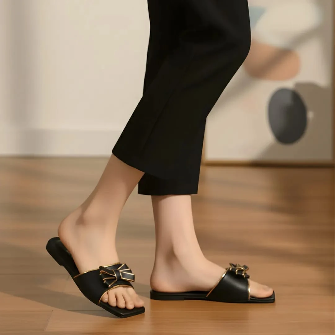 Women's Black Bow Flat Sandals
