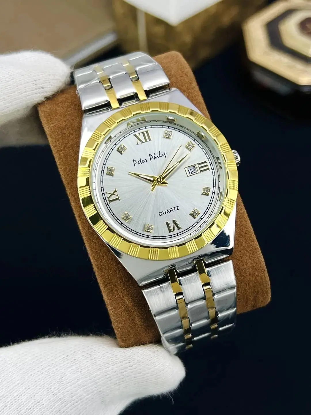 Men Rolex Style Quartz Watch Brown Gold Silver