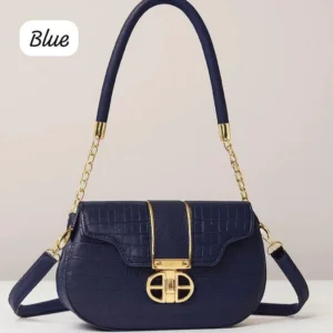 Blue Leather Shoulder Bag for Girls with Gold Hardware