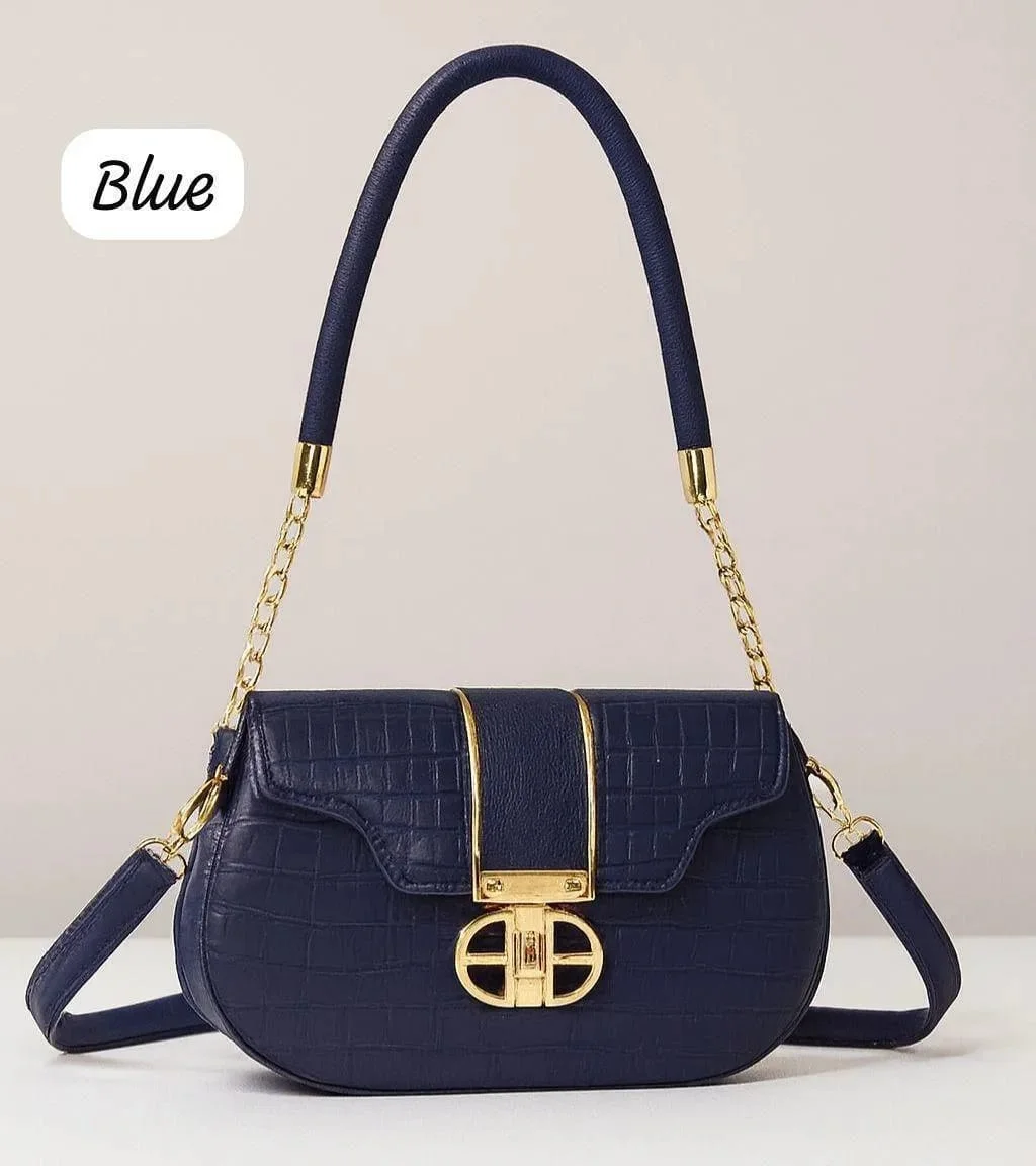 Blue Leather Shoulder Bag for Girls with Gold Hardware